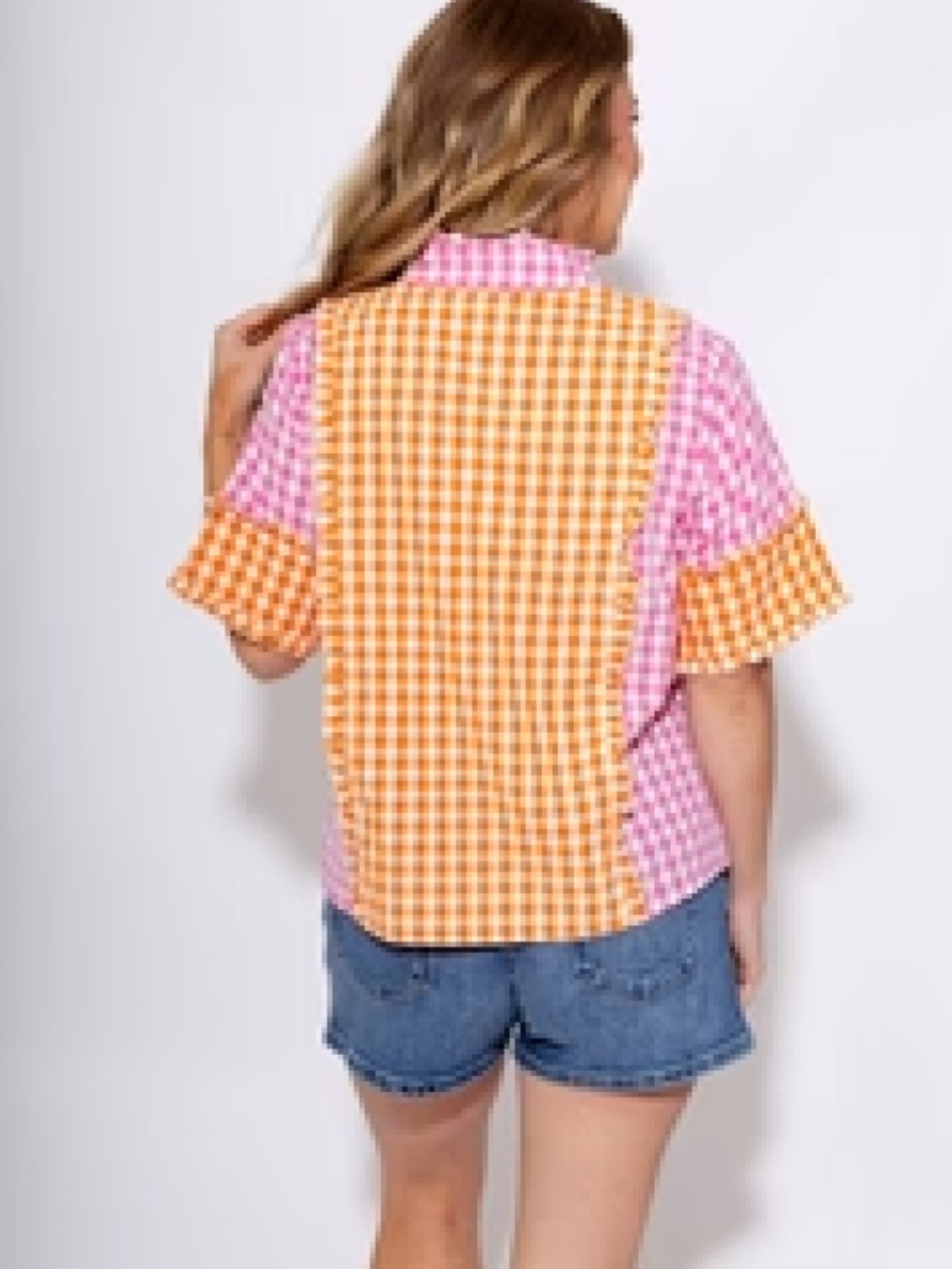 NWT-THML Pink and Orange Gingham Button Up Top - Picture 2 of 2